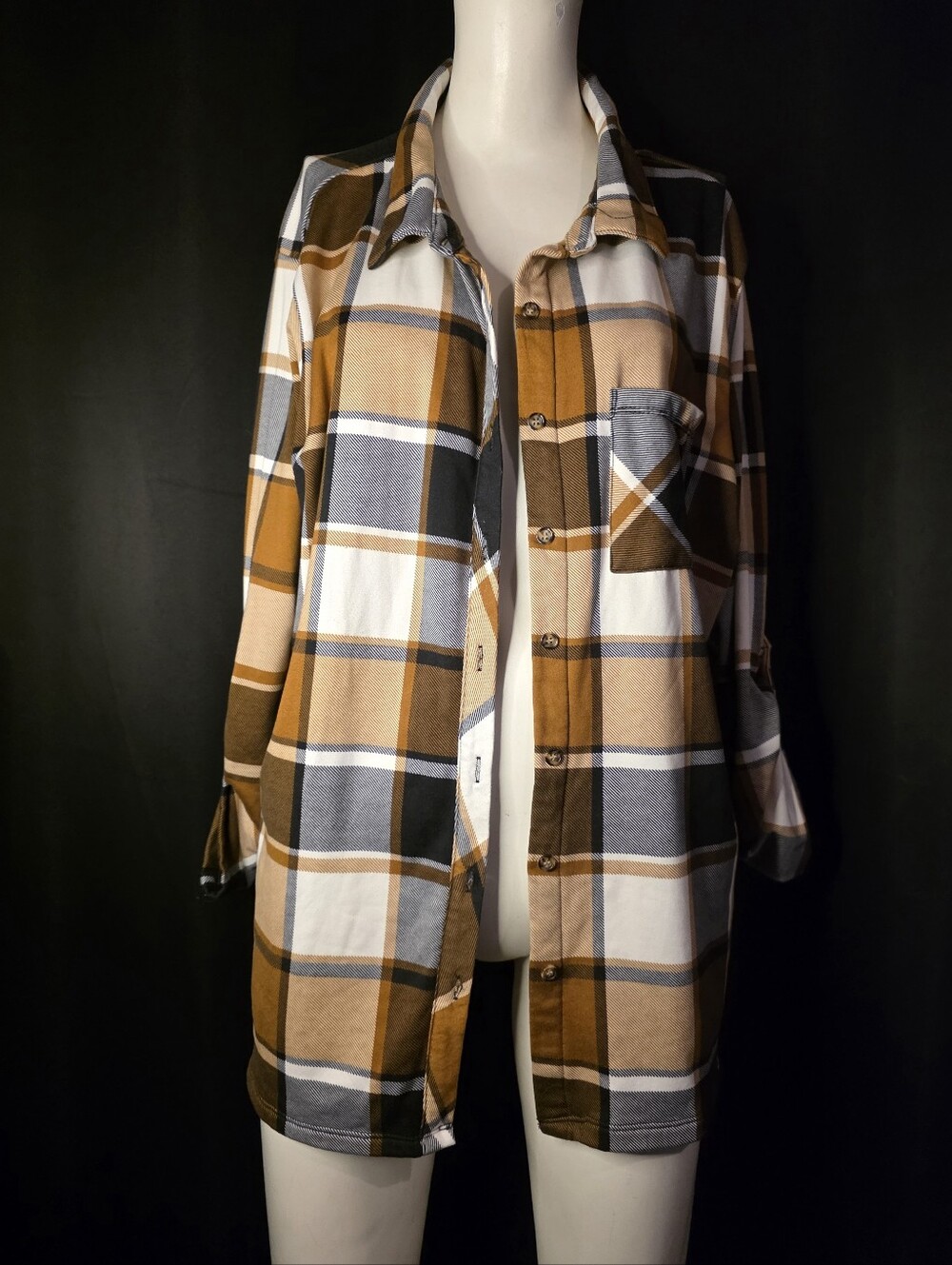 No Comment Plus 3X Brown Black Plaid Button Up